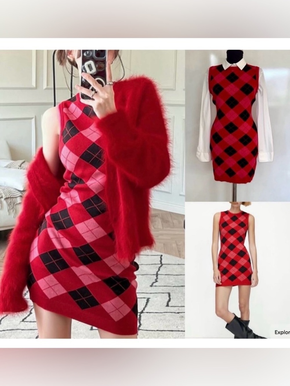 Zara Diamond Pattern Bodycon Knit Dress Size S